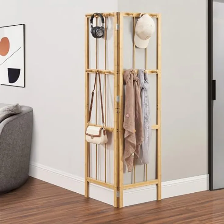 en.casa Eckgarderobe, klappbar aus Bambus, 12 Kleiderhaken, Platzsparend, Natur, 92x165.5x8 cm