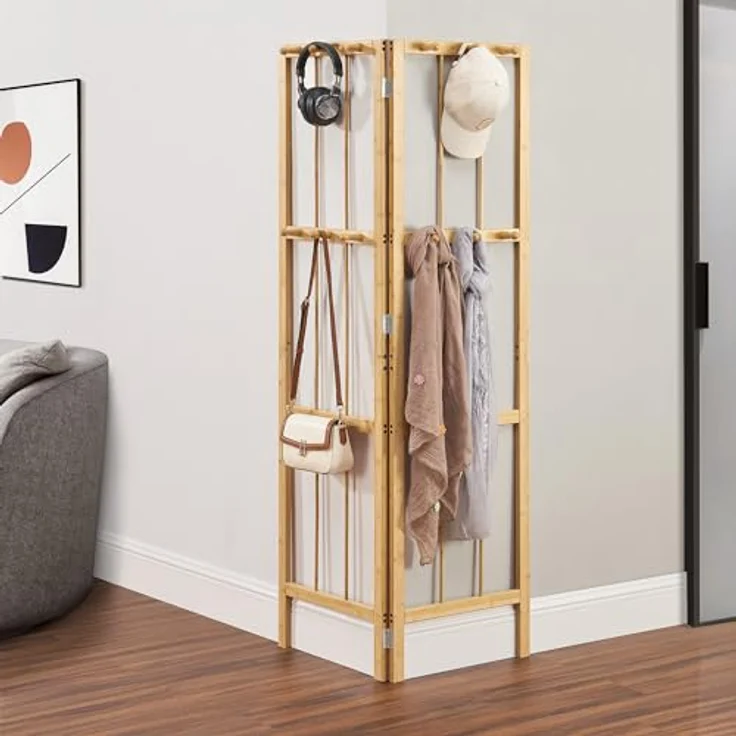 en.casa Eckgarderobe, klappbar aus Bambus, 12 Kleiderhaken, Platzsparend, Natur, 92x165.5x8 cm – Bild 1
