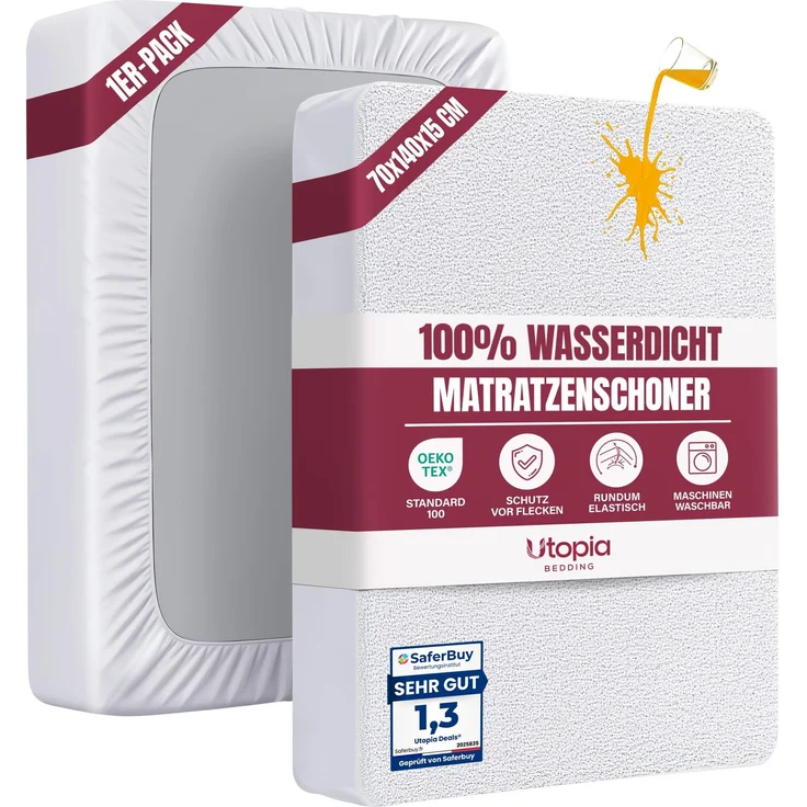 Utopia Bedding Matratzenschoner 70 x 140 x 15 cm Wasserdicht, Oeko-TEX Zertifiziert Matratzenauflage Atmungsaktive, Matratzenschutz, Rundum Elastisch Weiß