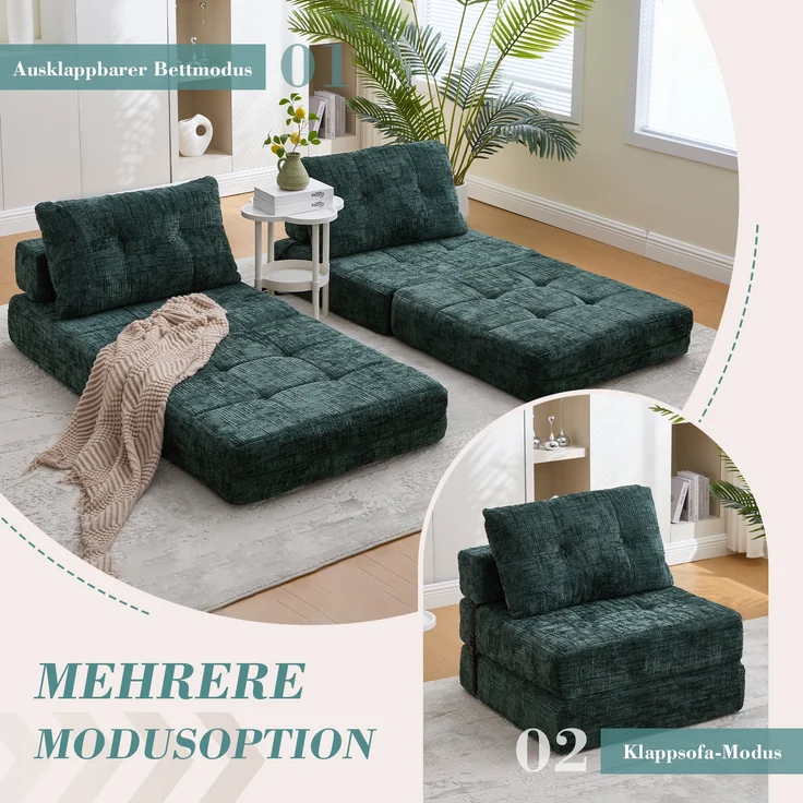 LVHOM Schlafsofa mit Schlaffunktion und Kissen, tragbares Klappsofa mit Rückenlehne, bis 200kg, für Wohnzimmer Büro, Grün – Bild 2