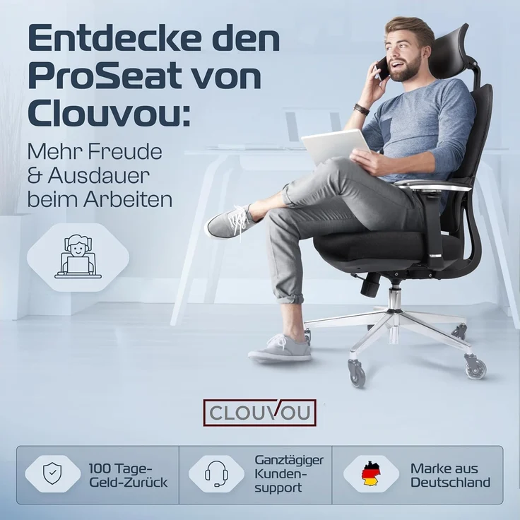 CLOUVOU ProSeat Bürostuhl Ergonomisch [TESTSIEGER] Schreibtischstuhl 100% individuell einstellbar | Büro Stuhl & Gaming Stuhl | Computerstuhl Home Office Chair Ergonomic | Drehstuhl 150 kg – Bild 7