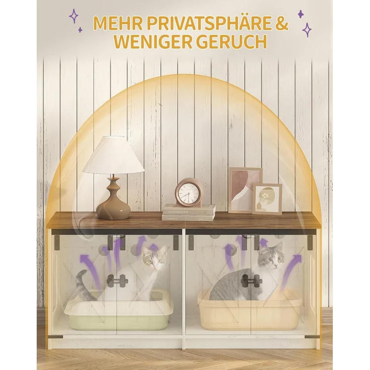Katzenschrank, Katzenklo Schrank für 2 Katzen, Versteckter Katzentoilettenschrank, Katzenhaus für den Innenbereich, Bauernhausstil, 119 x 48 x 53,5 cm, Braun und Weiß – Bild 3