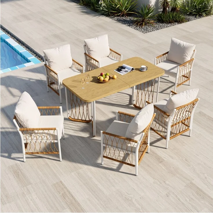 Merax Gartenlounge-Set Polyratten Gartenmöbel-Set mit geflochtenen Armlehnen & Polsterkissen, (7-tlg), 6-Sitzer Gartenset mit 1 Tisch & 6 Stühlen,Lounge-Set mit Eisengestell – Bild 4