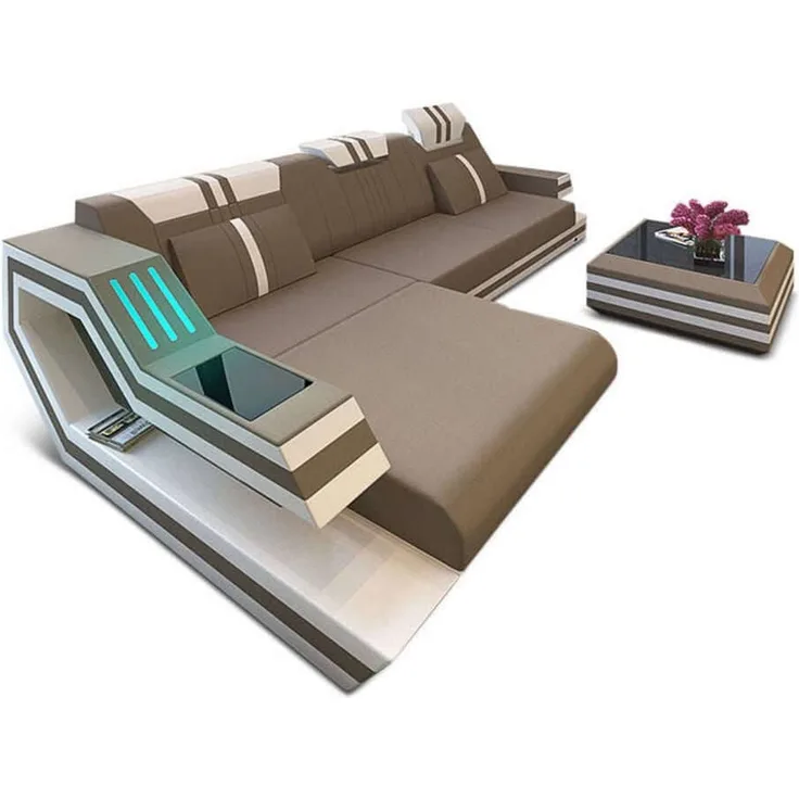 Sofa Dreams - Polstersofa Materialmix Ravenna L-Form LED - Mikrofaserstoff - Taupe-Weiß - Links