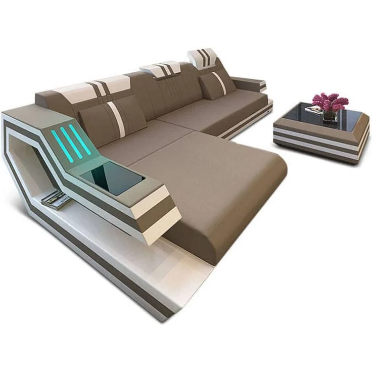Sofa Dreams - Polstersofa Materialmix Ravenna L-Form LED - Mikrofaserstoff - Taupe-Weiß - Links – Bild 1