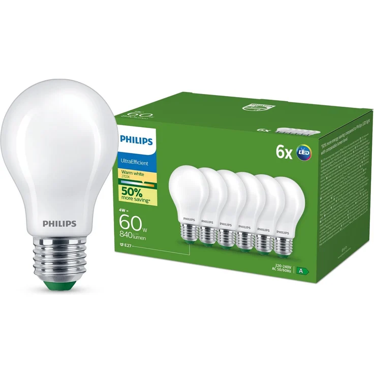 Philips Ultra Efficient LED Bulb, Energieeffizienzklasse A, mit E27 Sockel, 60 W, matt, warmweiß 2700 K, 6er Pack, Weiß