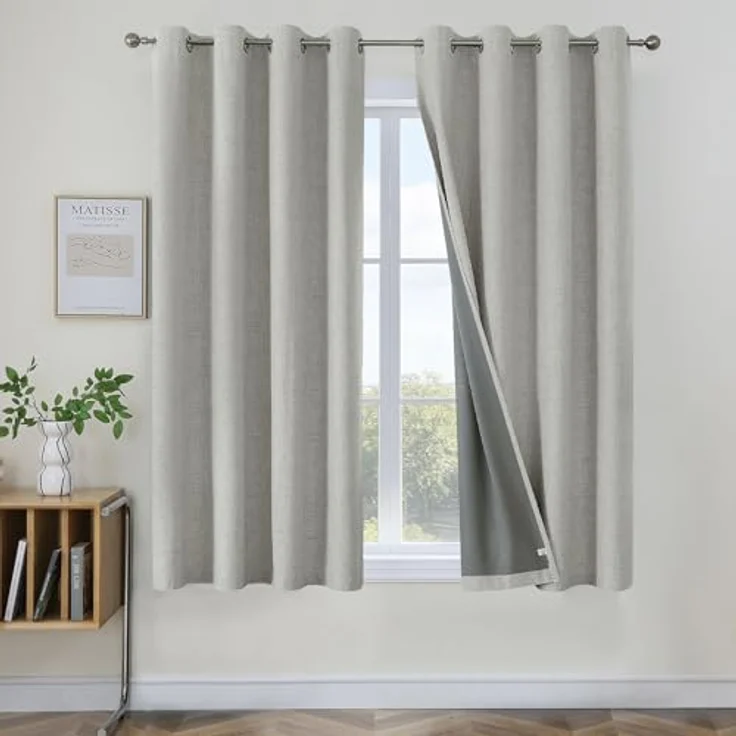 Joydeco Verdunkelungsvorhänge, 100% Leinen, 160 cm lang, 2 Paneele, wärmeisolierter Jutevorhang und Vorhänge, Ösen, Raumverdunkelung, Wohnzimmer (106.7x160 cm, grauweiß) – Bild 1