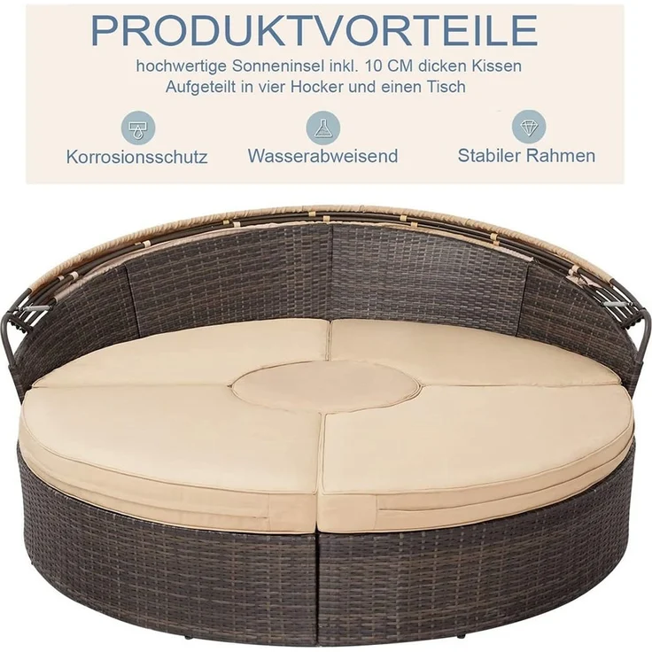 Polyrattan Sonneninsel 180cm Gartenmuschel Sonnenliege Loungebett braun/beige – Bild 2