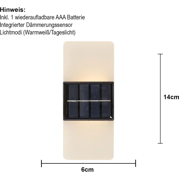 Kleine Solar Wandlampe ,Wally Frost', Dämmerungssensor, 2 Lichteinstellungen, matt-weiß, H 14cm – Bild 4