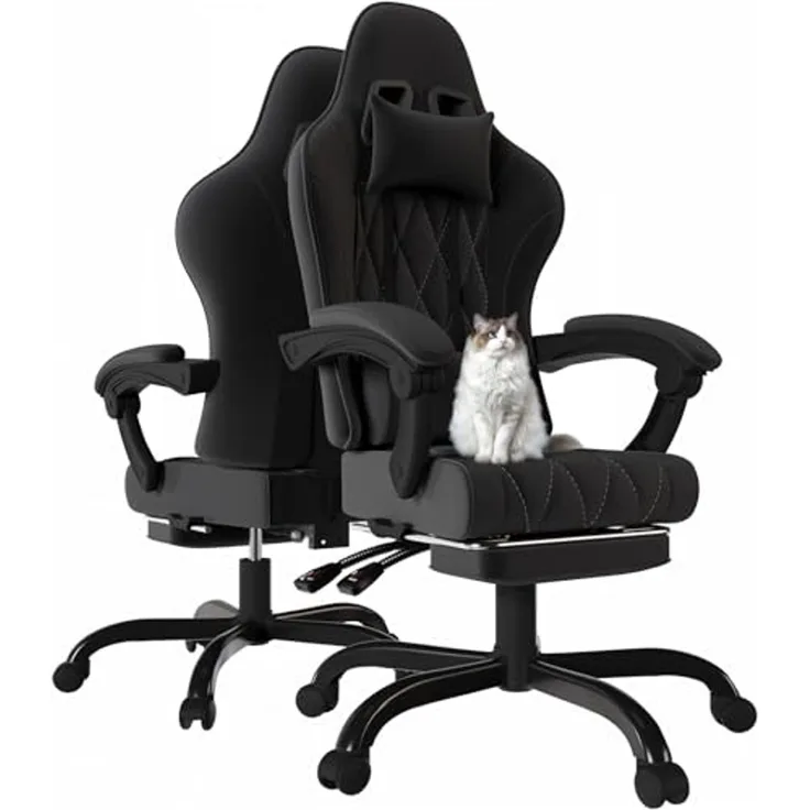 JUMMICO Gaming Stuhl Stoff mit Federpolsterung, Ergonomischer Bürostuhl mit Massager. Gaming Chair mit Kopfstütze, Fußstütze, Höhenverstellbar. Gamer Stuhl 150 kg belastbarkeit, Schwarz