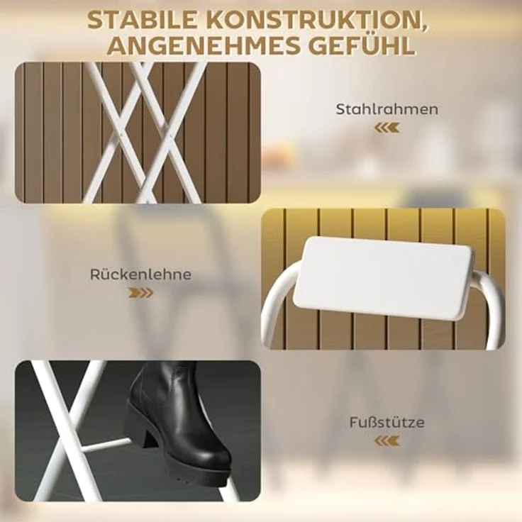 HOMCOM Barhocker mit Stahlgestell, Lehne, Fußstütze (Tresenhocker, 2 St, Klappbar Barstuhl), für Küche, Wohnzimmer, Esszimmer Weiß – Bild 6