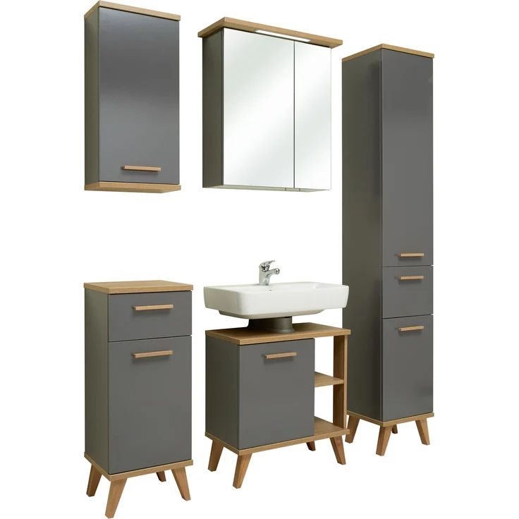 Pelipal Badmöbel-Set, Quickset 924, Quarzgrau Glanz/Riviera Eiche - Waschbeckenunterschrank, Spiegelschrank, Hochschrank, Unterschrank, Hängeschrank – Bild 1