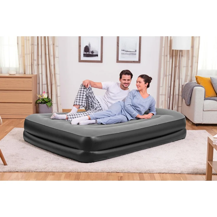 Bestway Luftbett Tritech 203x152x46 cm, Queen Size mit integrierter Elektropumpe und beflockter Oberfläche, inkl. Tasche, schwarz/grau