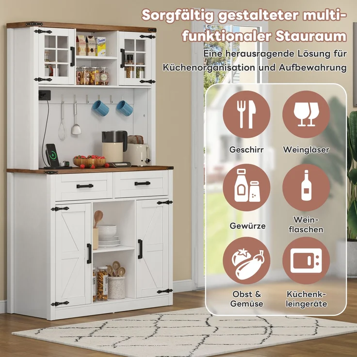 Barschrank mit LED-Beleuchtung und Steckdosen, großer Küchen-Buffetschrank mit 2 großen Schubladen, Scheunentor-Design, verstellbaren Einlegeböden, rustikaler Kaffeebar-Sideboard-Tisch, weiß--Braun + Weiß--100x40x172cm--YOUDENOVA – Bild 5