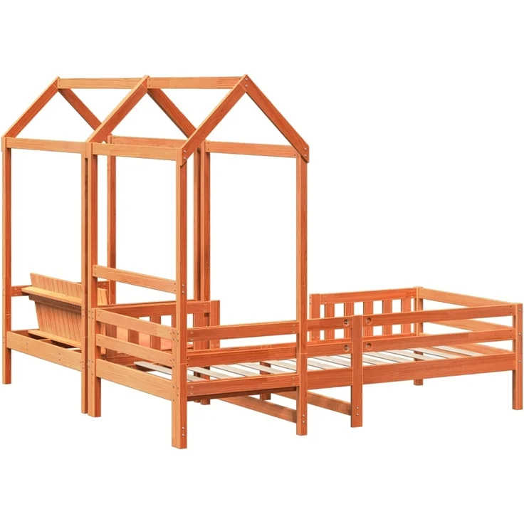 vidaXL Massivholzbett und Bank mit Dach Orange 90x200 cm Kiefernholz 3282176 – Bild 8