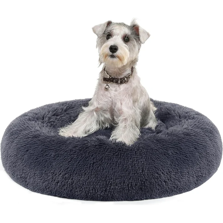 Feandrea Hundebett flauschig, Katzenbett, Donut Kissen, waschbar, Polsterung in der Mitte herausnehmbar, Langer Plüsch, 70 cm Durchmesser, dunkelgrau PGW039G02