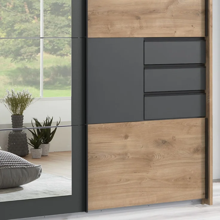 Schwebetürenschrank Kleiderschrank 273 Passep. Spiegel Schubl. Grafit Eiche Dekor – Bild 4