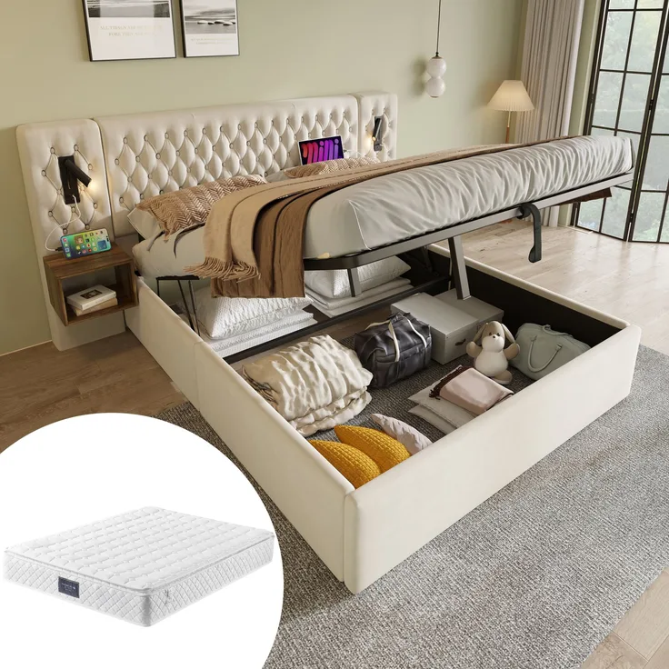 Bettanlage, Samt mit hydraulischem Stauraum & 2 Nachttischen, 160x200 cm, Beige, mit Matratze