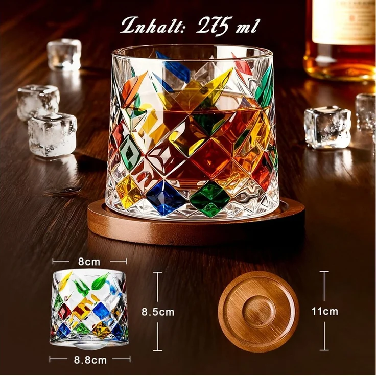 Fine Life Pro Glas Bunte Diamant-Muster Whiskybecher – 275 ml, 6-tlg, Optisches Highlight mit farbenfrohem Gravurdesign – Bild 2