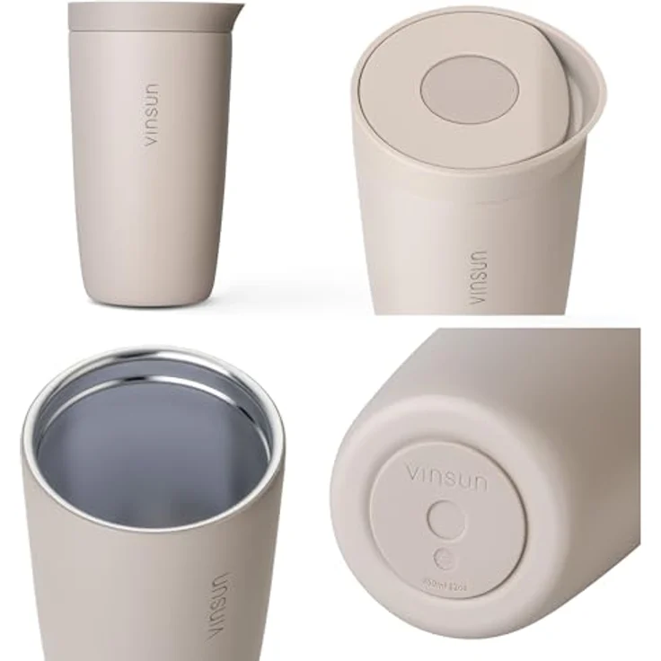 Vinsun Thermobecher Edelstahl Isolierbecher 350ml - Kaffeebecher to Go auslaufsicher, 2-tlg, Edelstahl, Doppelwandig, BPA frei, bruchfest, Einhandbedienung per Knopfdruck – Bild 7