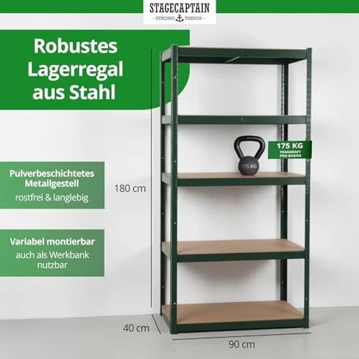 Stagecaptain Schwerlastregal Lagerregal - 5 variabel montierbare Böden - auch als Werkbank umbaubar, Tragkraft pro Boden: 175 kg, gesamt 875 kg – Bild 2