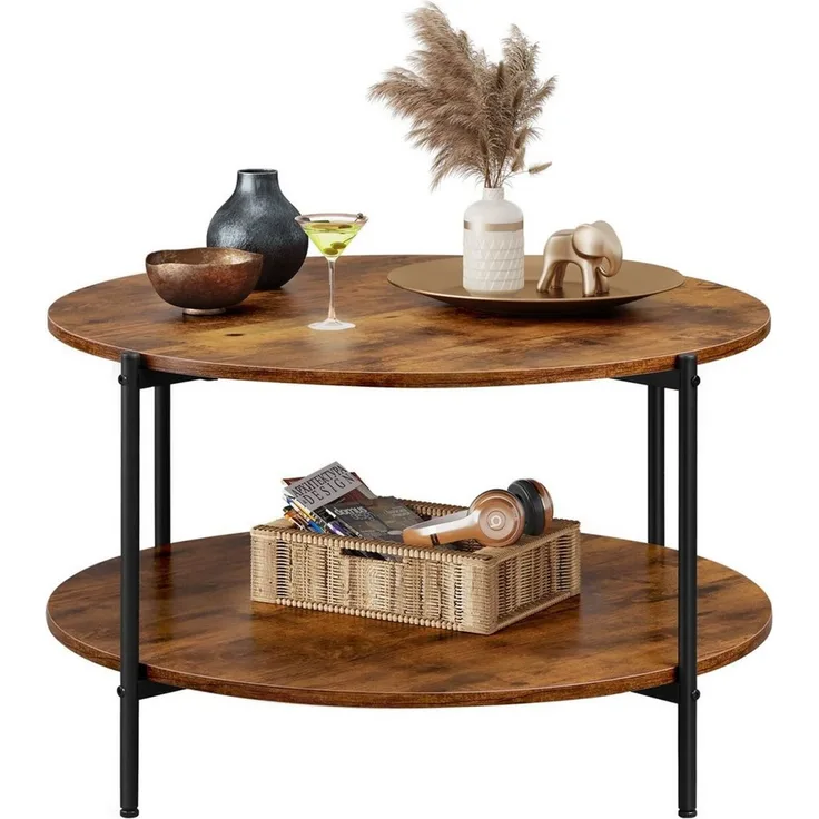 WLIVE Couchtisch Couchtisch rund mit 2 Ebenen, Beistelltisch Holz mit Metallgestell (1 Tisch), Wohnzimmertisch mit Metallrahmen, für Wohnzimmer, Schlafzimmer
