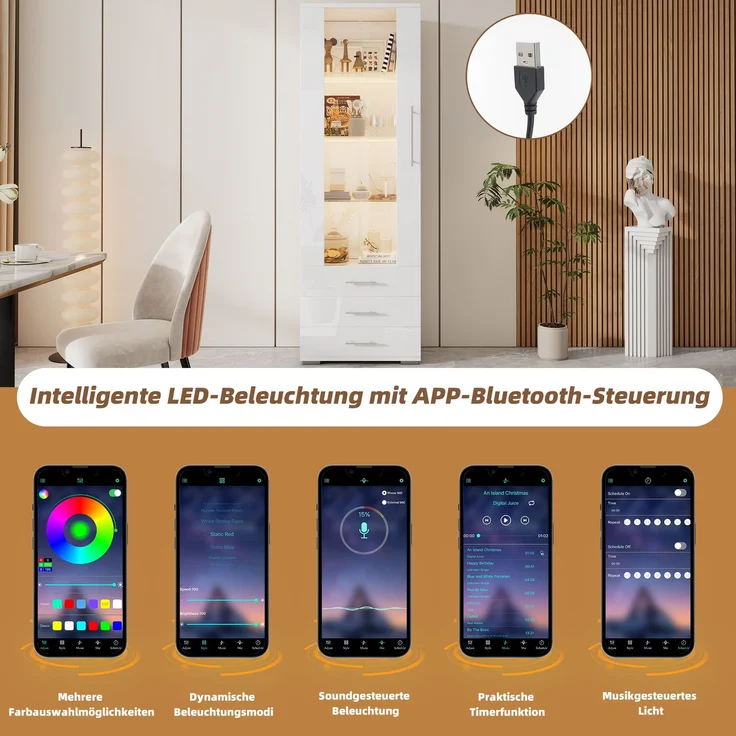 Weiße Hochglanzvitrine, Vitrine Glasvitrine , Standvitrine mit LED-Beleuchtung, Vertikale Vitrine mit 3 Schubladen, 60*35*180cm--Weiß--60x35x180cm--YOUDENOVA – Bild 8