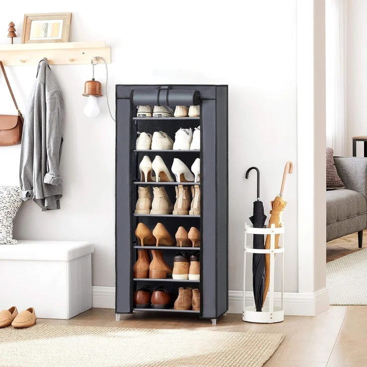 SONGMICS Schuhregal mit 7 Ebenen, 28 x 46 x 126 cm, Schuhschrank, Schuhaufbewahrung, mit staubdichtem Überzug, Schuh-Organizer, für High Heels, Sportschuhe, Metallgestell, grau RXJ024G02 – Bild 1