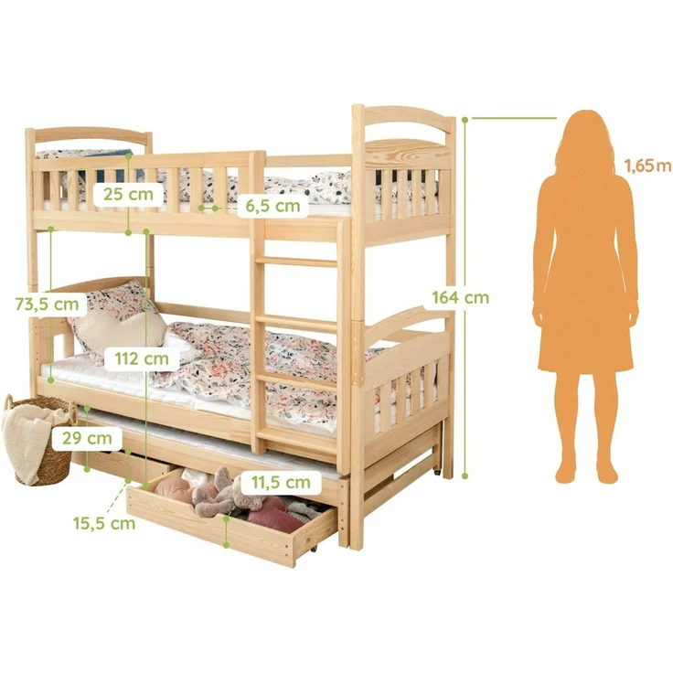 Kids Collective Etagenbett Hochbett Kinderbett 90x200 cm mit Lattenrost und Rausfallschutz, mit Ausziehbett, zwei Schubladen und drei Matratzen, natur – Bild 2