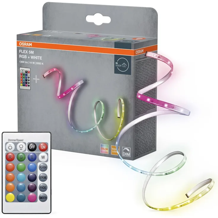 Osram FLEX 5M LED-Streifen RC, weiß, 14W, 900lm, warmweißes Licht, integrierter Sound-Receiver, RGB-Farbsensor, Fernbedienung, lange Lebensdauer, einfache Montage, Schutzklasse IP20