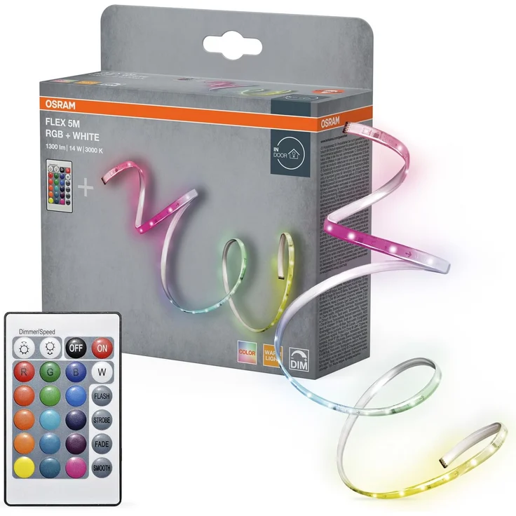 Osram FLEX 5M LED-Streifen RC, weiß, 14W, 900lm, warmweißes Licht, integrierter Sound-Receiver, RGB-Farbsensor, Fernbedienung, lange Lebensdauer, einfache Montage, Schutzklasse IP20