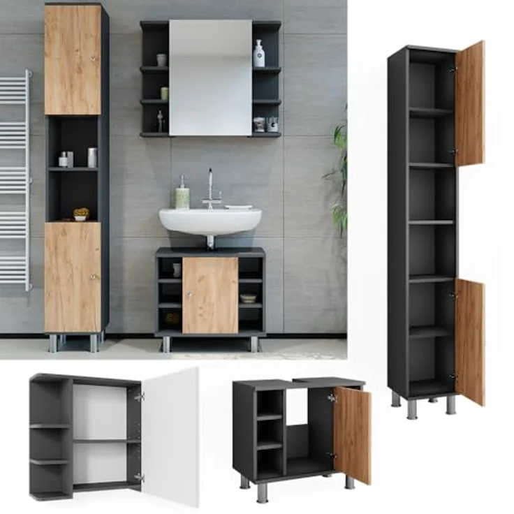 Vichy Badmöbel-Set Fynn, 3-teiliges Badezimmermöbelset in Anthrazit/Goldkraft Eiche mit Hochschrank und viel Stauraum – Bild 2