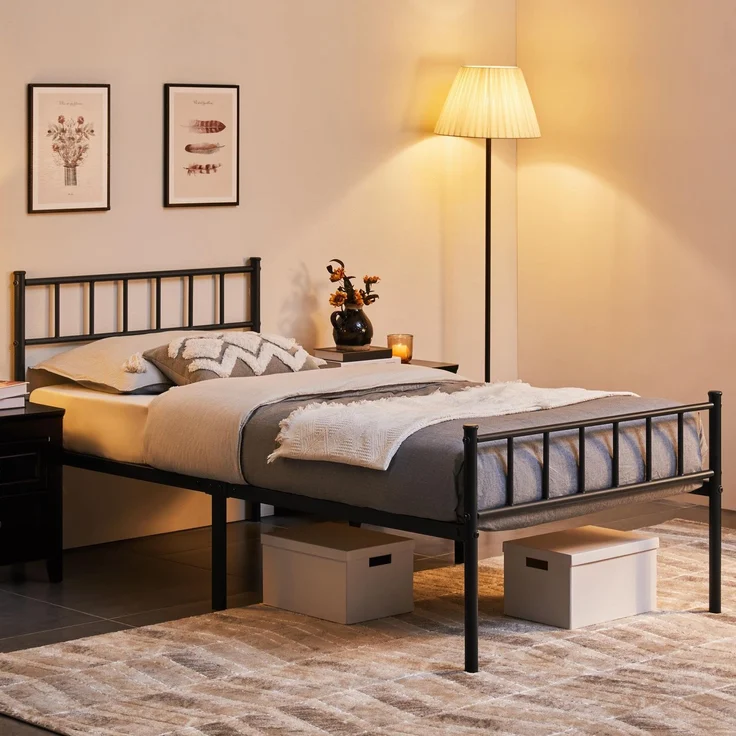 Yaheetech Metallbett 90x200 cm Bettrahmen mit Kopfteil Bettgestell aus Metall Gästebett mit Lattenrost für Schlafzimmer Gästezimmer Schwarz