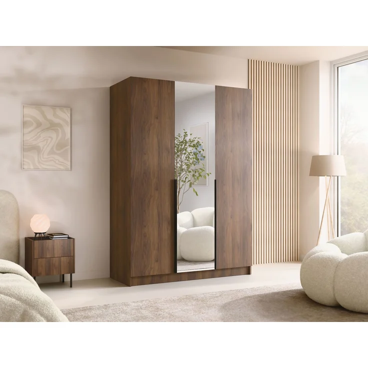 Drehtürenschrank Cikzori II, Kleiderschrank mit 3 Türen, Frontspiegel (Farbe: Nuss Warmia / Nuss Warmia + Schwarz) – Bild 2