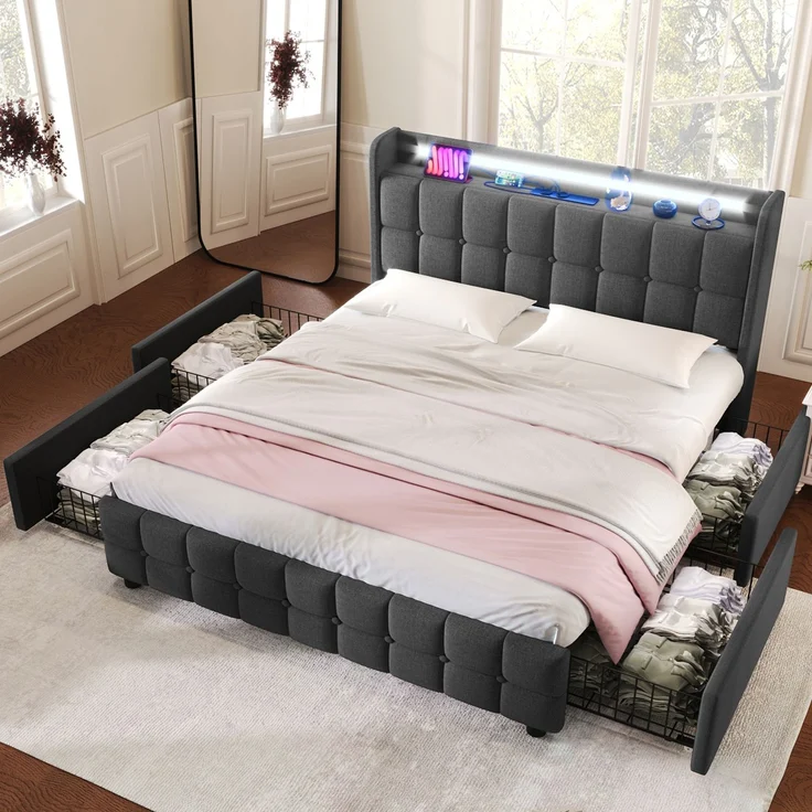 Einzelbett 160 × 200 cm mit Steckdosen,USB-Anschlüssen und LED-Beleuchtung,4 Schubladen,Leinenbezug in Grau,inklusive Matratze – Bild 4