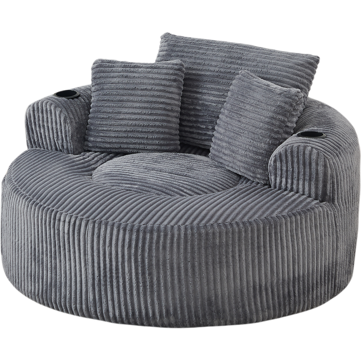 Rundes Loungesofa aus Cord, Einzelsitz Sitzsack Liegestuhl mit 3 Kissen, 2 Getränkehaltern, Seitenaufbewahrung, Rutschfest, Bequemes Relaxsofa für Wohnzimmer Schlafzimmer--Herde--146x29x32cm--YOUDENOVA – Bild 10