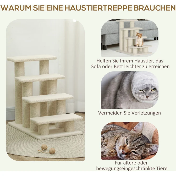 JARDJ Tiertreppe für Hunde und Katzen 4-Stufen Plüsch Beige 63,5x43x60cm ideal für ältere Tiere – Bild 6