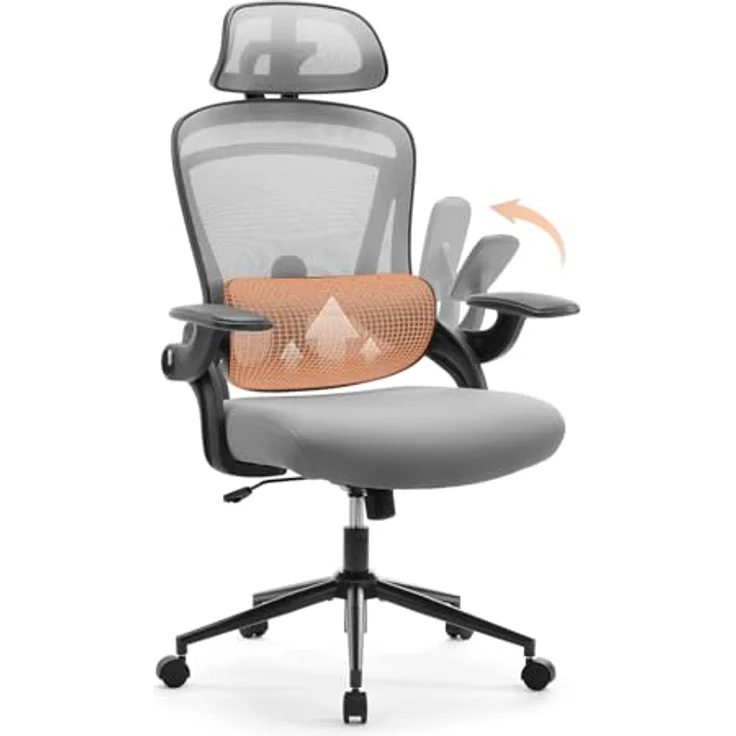 Sweetcrispy Ergonomischer Bürostuhl, Schreibtischstuhl Ergonomisch, Atmungsaktiver Netzstuhl mit Verstellbarer Kopfstütze, Armlehnen, Höhenverstellbarer Lendenwirbelstütze, für Homeoffice, Grau – Bild 2