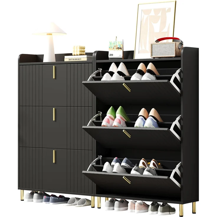 Schuhschrank Set 2-teilig 160x23x123,5 cm mattschwarz gold Metallfüße 3 Türen verstellbare Böden – Bild 6