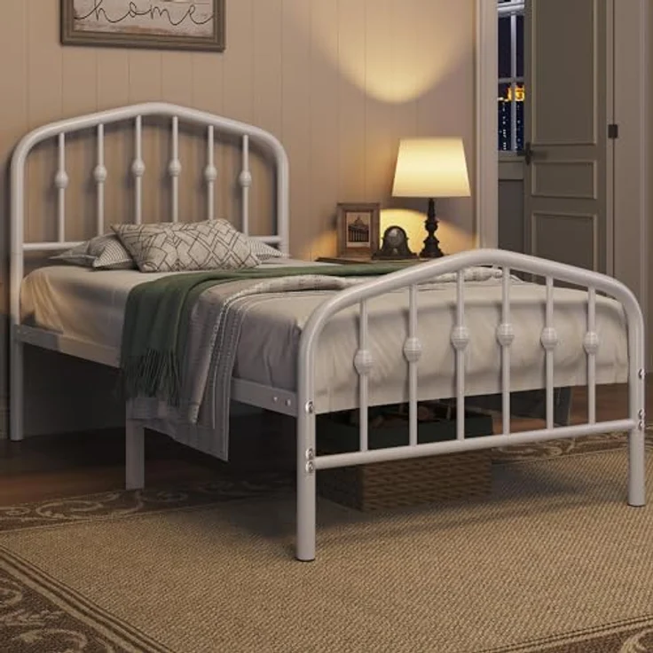 Yaheetech Bettrahmen 90 x 200 cm, Vintage Metallbett mit kronenförmigem Kopfteil, Stabiles Bettgestell Einzelbett aus Metall, Robust & Leichte Montage Gästebett Jugendbett Tagesbett, Weiß – Bild 10