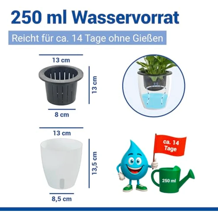 Maximex Selbstbewässernde Pflanztöpfe, 15-teiliges Set, Kräutertöpfe mit Wasserreservoir, automatische Bewässerung für Zimmerpflanzen, Ø 13x13,5 cm, Kunststoff – Bild 5