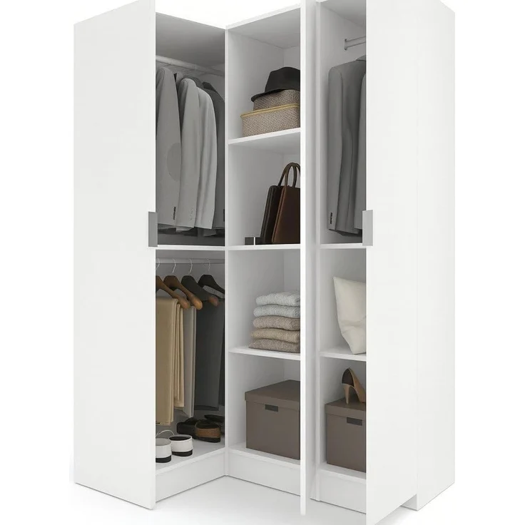 Dmora Meru, Eckschrank für Schlafzimmer, Kleiderschrank, Eckgarderobe mit 3 Flügeltüren, 133 x 91 x 184 cm, Weiß – Bild 3