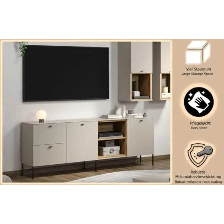 trendteam smart living - Sao Paulo - TV-Schrank - Kashmir (Beige)/Evoke Eiche - Lowboard für Fernseher bis 65 Zoll - (BxHxT) 200 x 75 x 40 cm - integrierte Kabeldurchführung – Bild 6