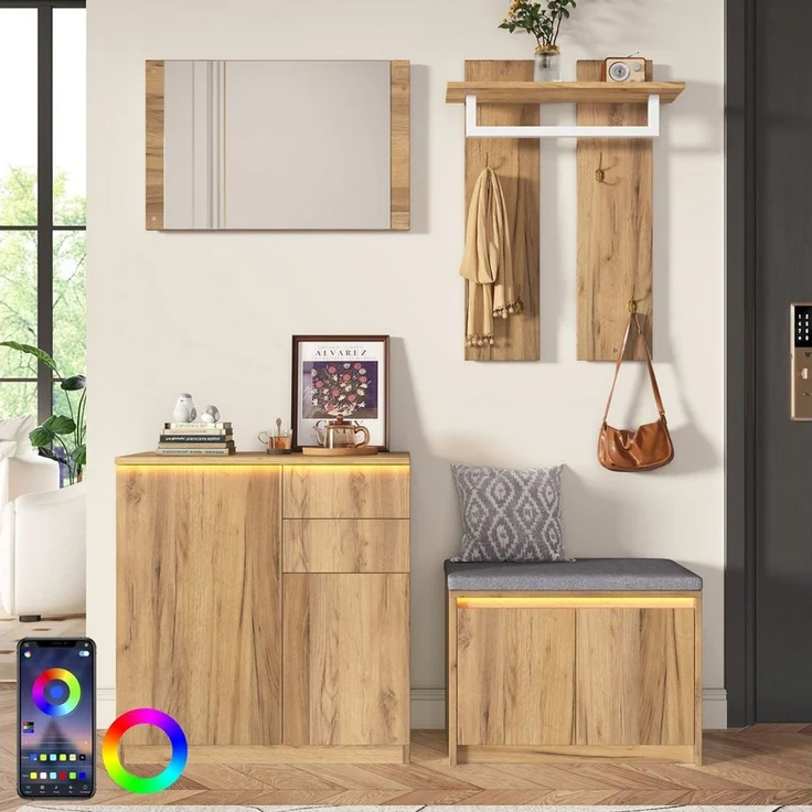 Merax Garderoben-Set Garderobenset, Flurgarderobe, (1-St, mit Spiegel, Schuhschrank, Schuhbank, Kleiderstange und 4 Haken), Garderoben Set mit LED, Flurmöbel – Bild 1