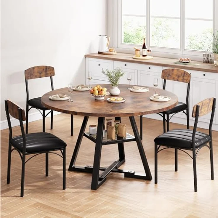 Jocoevol Runder Esstisch und 4 Esszimmerstühle Set, Essgruppe 5-Teilig, Esszimmertisch mit Ablage und 4 stühle, platzsparender Küchentisch aus Holz im Industrial Design (Vintage Braun, 130 x 130 x 76 cm) – Bild 2