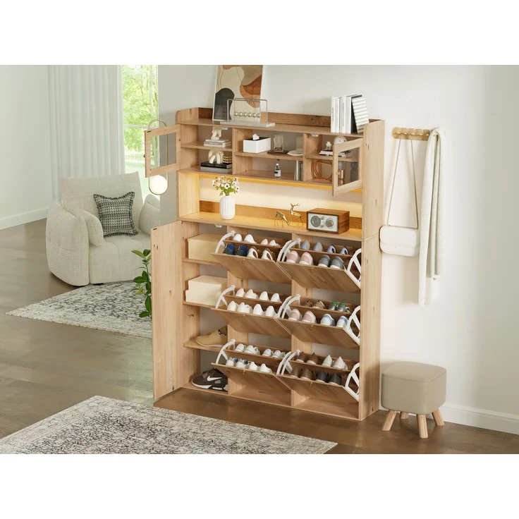 ZUBALIYA Schuhschrank (130 x 25 x 180 cm), 6 Klappfächer, LED - Beleuchtung, Stauraum für Flur und Eingangsbereich, Naturfarben – Bild 8