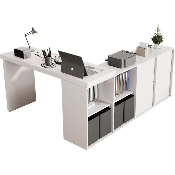 Flieks rechter Ecke 360° Drehschreibtisch, L Eckschreibtisch mit Sideboard, 4 Fächern & 4 Schubladen, 120×48×78 cm + 140×35×73.5 cm, Weiß – Bild 9