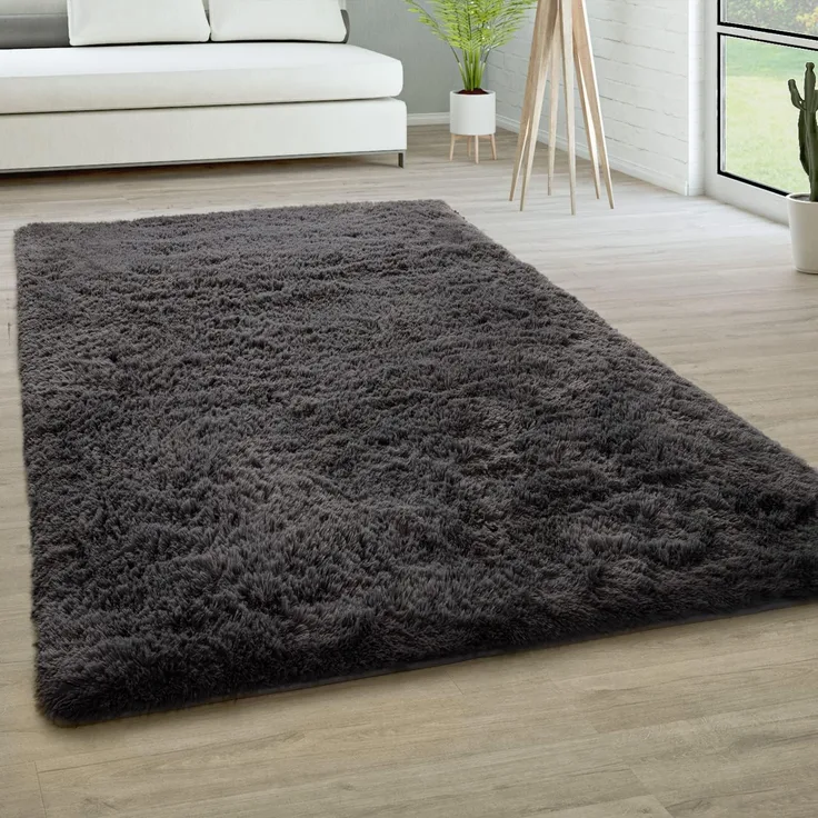 Paco Home Hochflor Teppich Wohnzimmer rutschfest Fellteppich Shaggy Flauschig Weich Modern Kunstfell Fell Imitat Einfarbig, Grösse:120 cm Rund, Farbe:Anthrazit