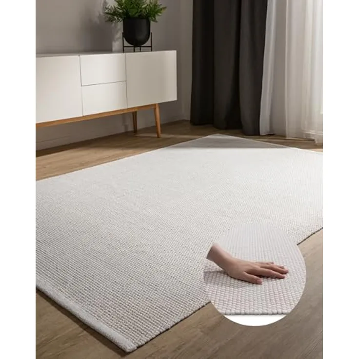 benuta Baumwollteppich, Uni, Weiß, Rechteckig 60x120 cm, Oeko-Tex® Standard 100, für Fußbodenheizung geeignet, Kurzflorteppich