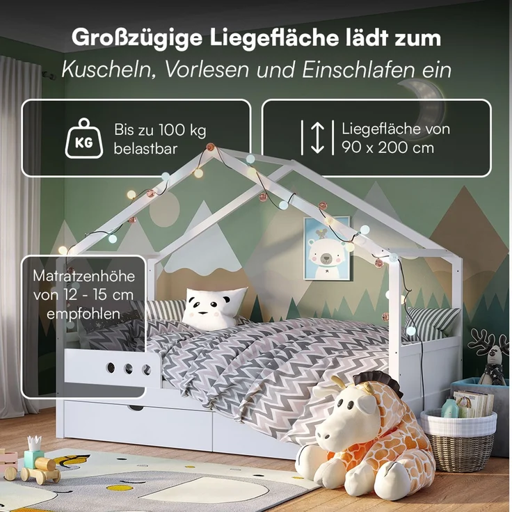 Bellabino 'Bela' Hausbett 90x200 cm mit Matratze und großer Schublade, weiß, Kiefer Massivholz, Montessori Kinderbett mit Stauraum, inkl. Rausfallschutz und Lattenrost – Bild 4